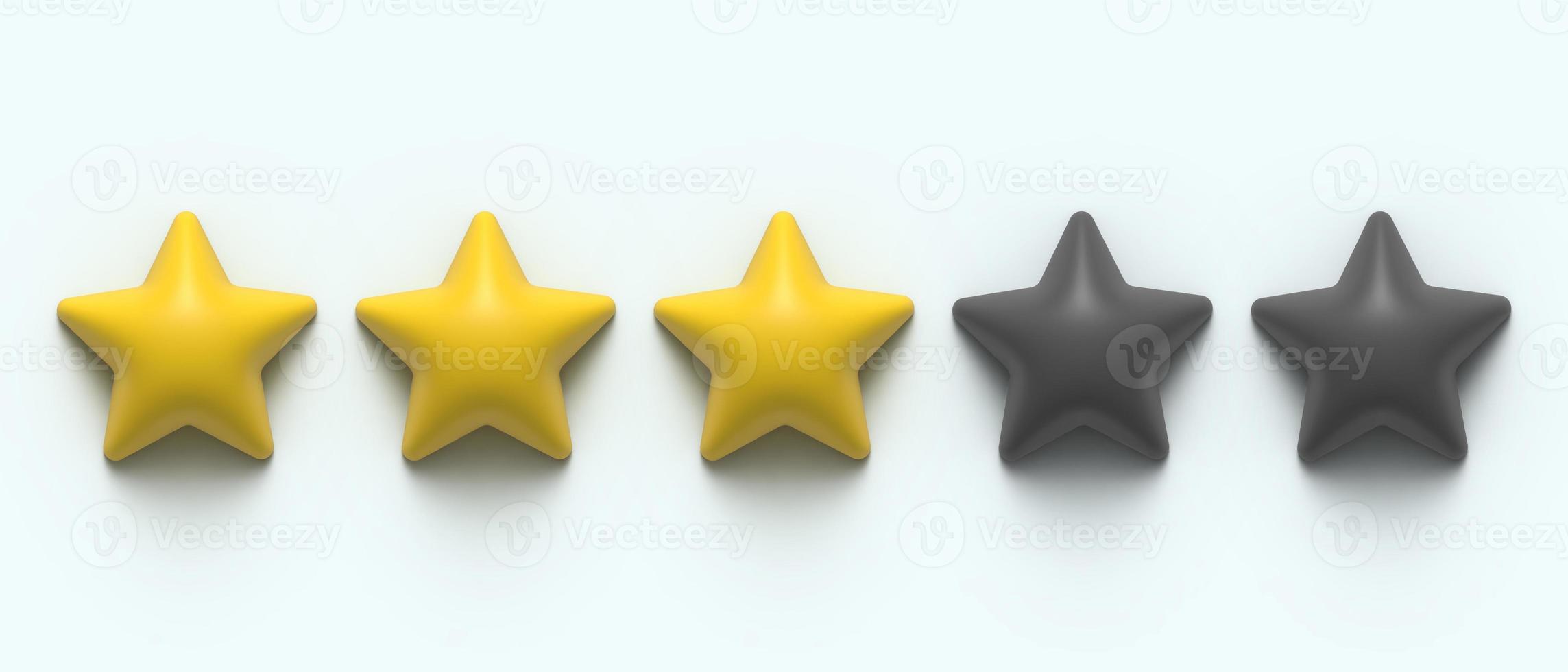 jaune brillant 3d trois étoiles. image de rendu 3D. 3 étoiles sur 5. forme d'étoile dorée. mesure de la qualité de service. système de classement, symbole de révision. classement et statistiques. symbole du bouton de taux photo