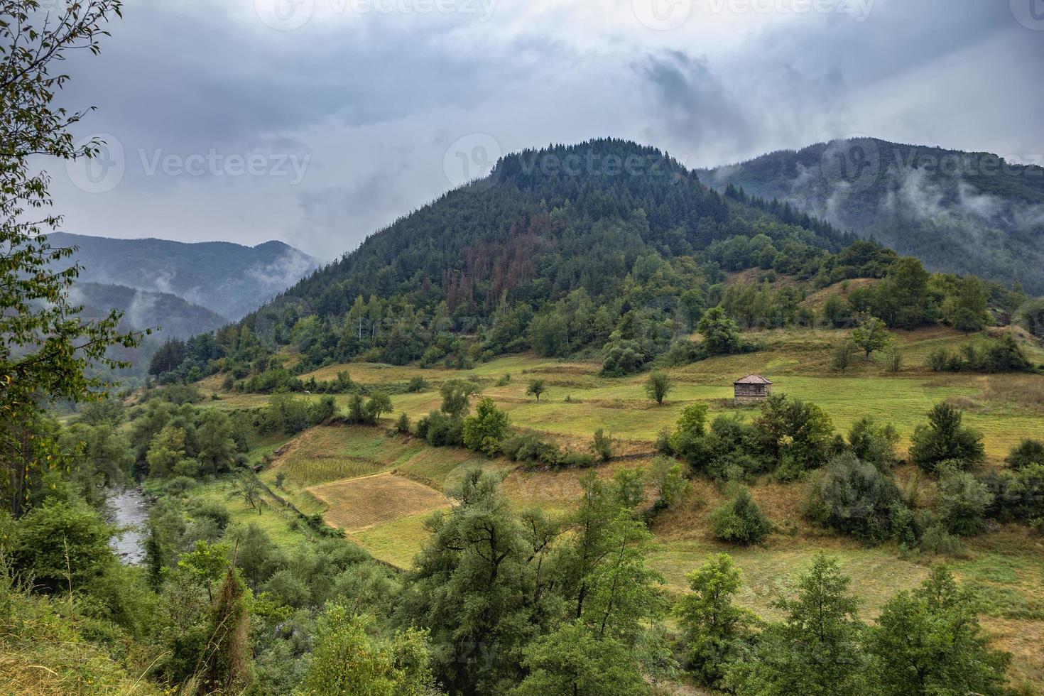 paysage de montagne d'été après la pluie avec brume, prés verts et maison rurale photo