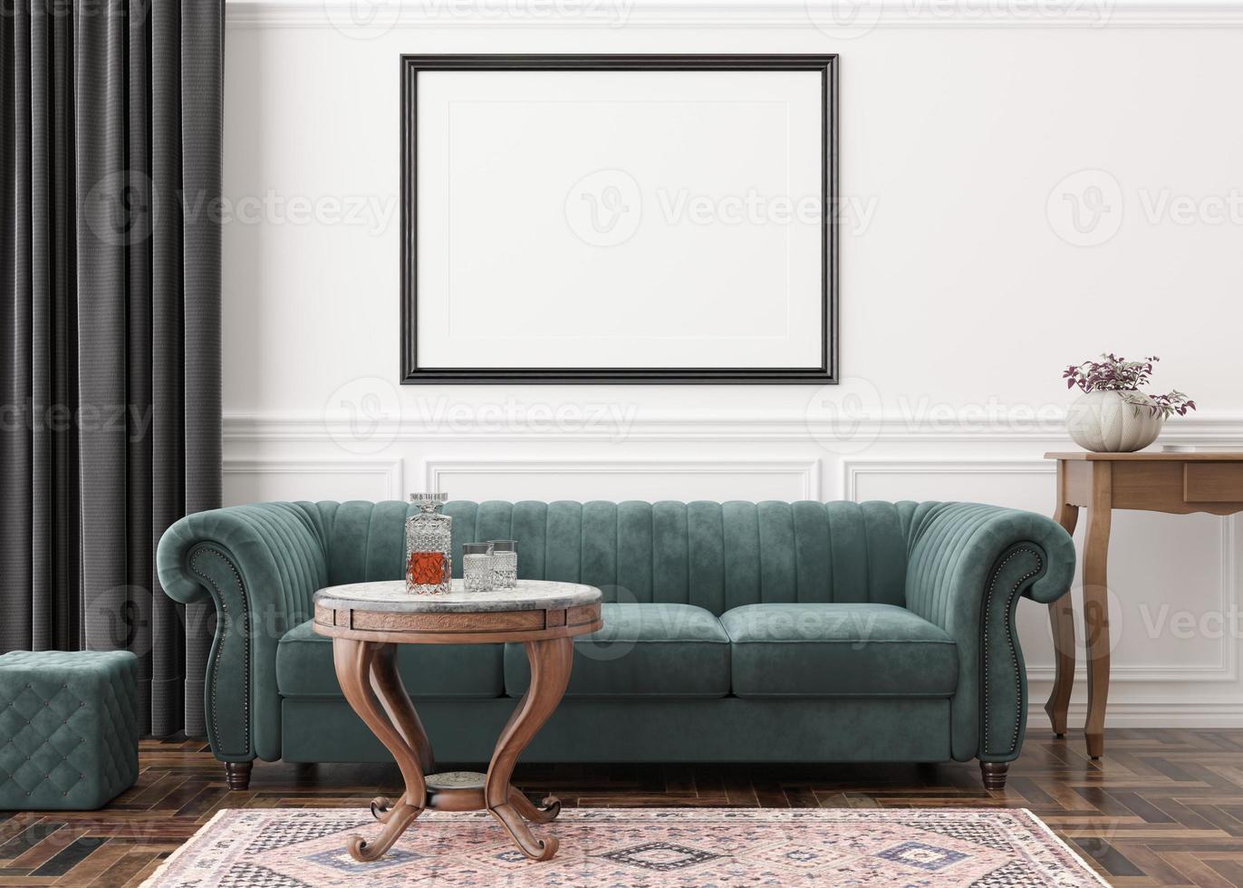 cadre photo horizontal vide sur un mur blanc dans un salon moderne. maquette d'intérieur dans un style classique. gratuit, copiez l'espace pour votre photo, affiche. canapé, table, parquet, moquette. rendu 3d.