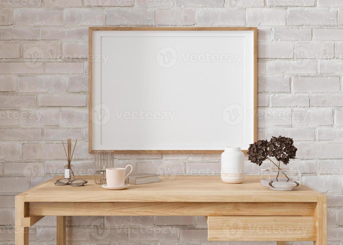 cadre photo horizontal vide sur un mur de briques blanches dans un salon moderne. maquette d'intérieur dans un style minimaliste et contemporain. espace libre pour votre photo, affiche. table en bois, vase. rendu 3d.