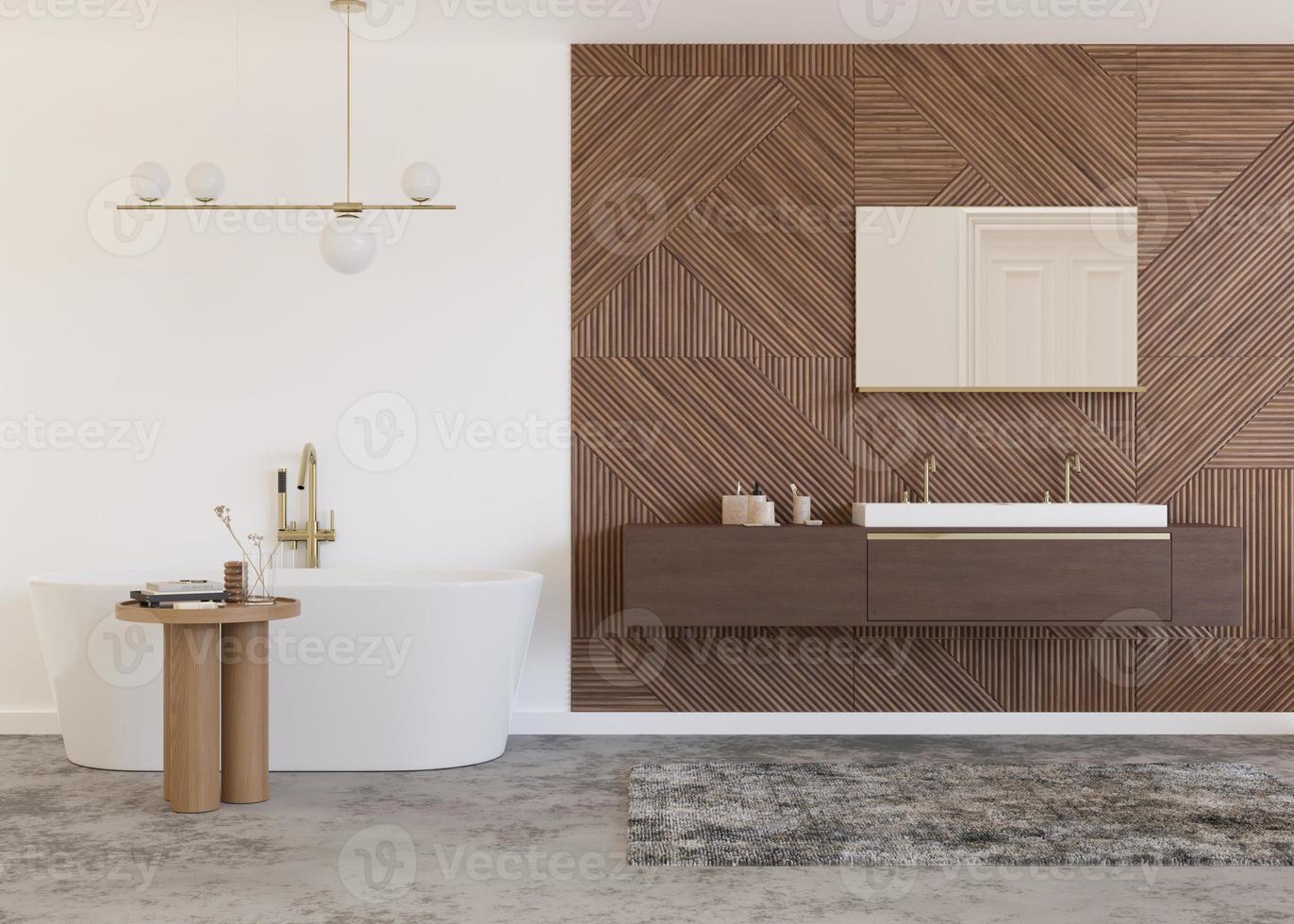 belle salle de bain lumineuse et moderne. couleur blanche et texture en bois. baignoire, lavabo. intérieur de la maison dans un style contemporain. conception de salle de bain de luxe. projet d'aménagement intérieur. rendu 3d. photo