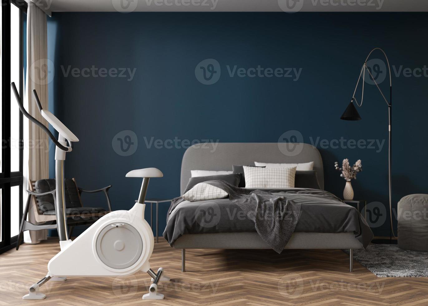 chambre moderne avec vélo de fitness. équipement de sport dans un intérieur contemporain. mode de vie sain, sport, concept d'entraînement à domicile. rester en forme. gym à domicile. rendu 3d. photo