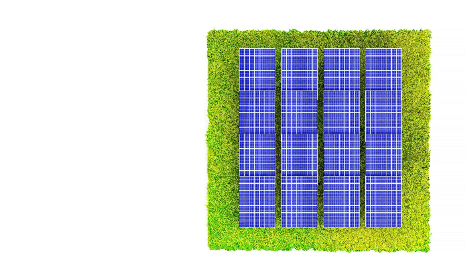 cellules solaires à énergie naturelle. vue de dessus de fond isométrique de grands panneaux solaires sur l'herbe verte avec copie. concept de bon système solaire d'énergie renouvelable. illustration de rendu 3d photo