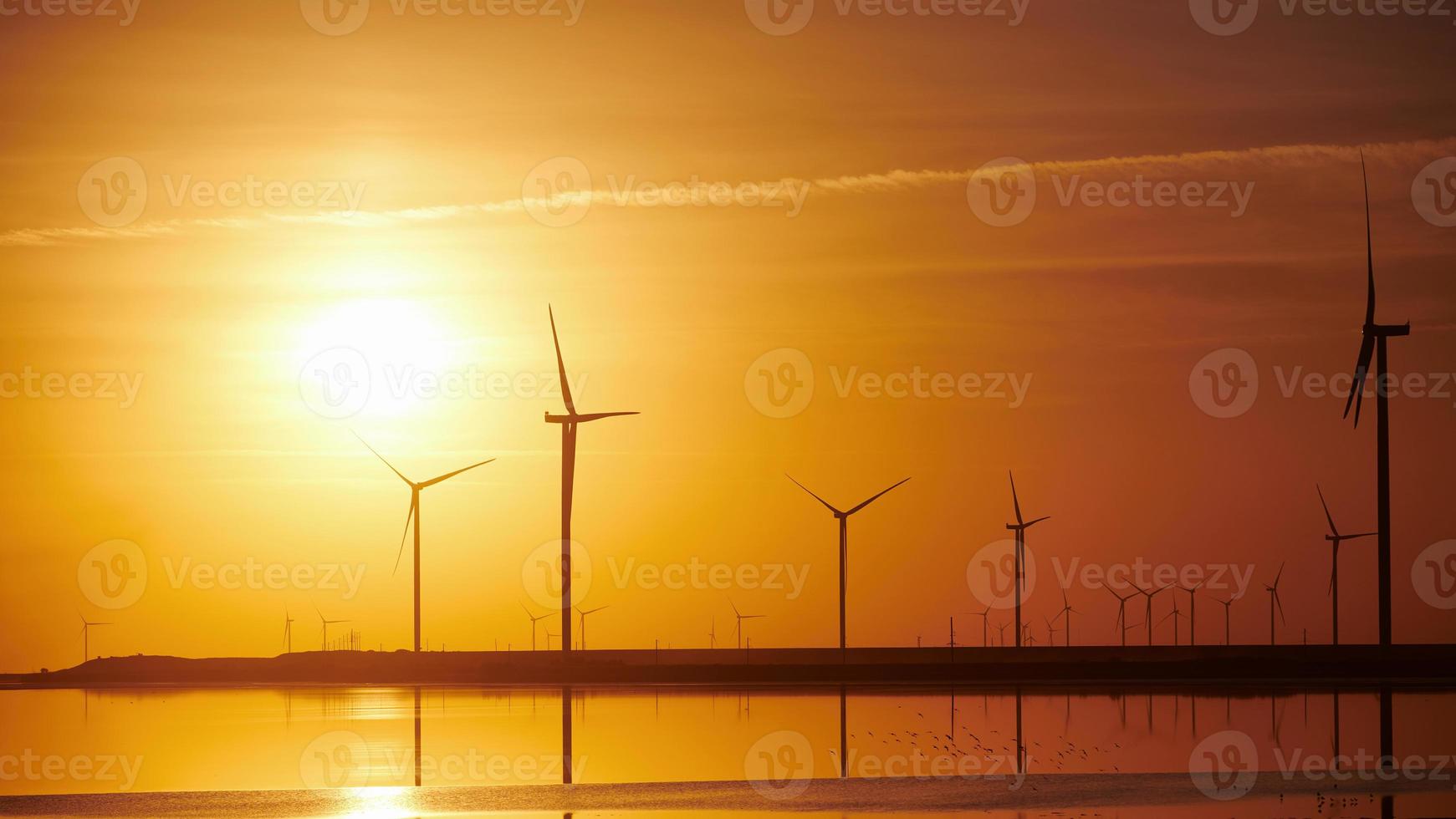 de nombreux moulins à vent sur l'île de jarilgach, en ukraine. heure du coucher du soleil photo