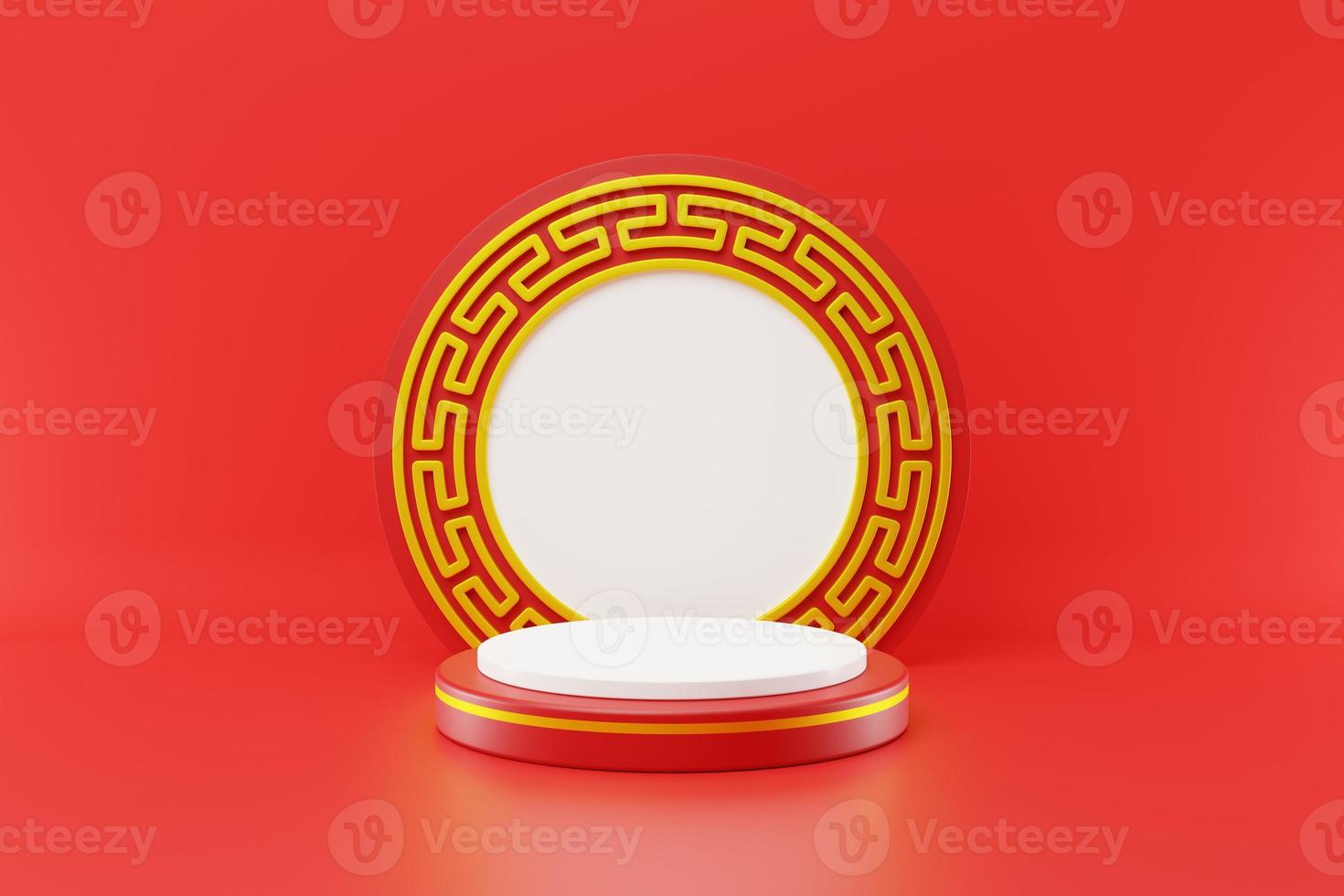 Illustration de rendu 3d maquette du nouvel an chinois podiums cylindriques, festivals chinois, modèle de piédestal vide pour l'affichage du produit décoré, concept de stand de cosmétiques photo