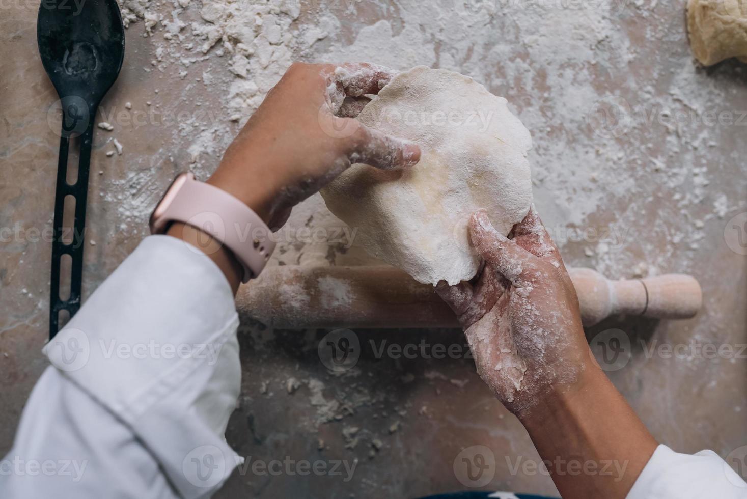 femme souriante dans la cuisine tenant un joli chien maltais blanc photo