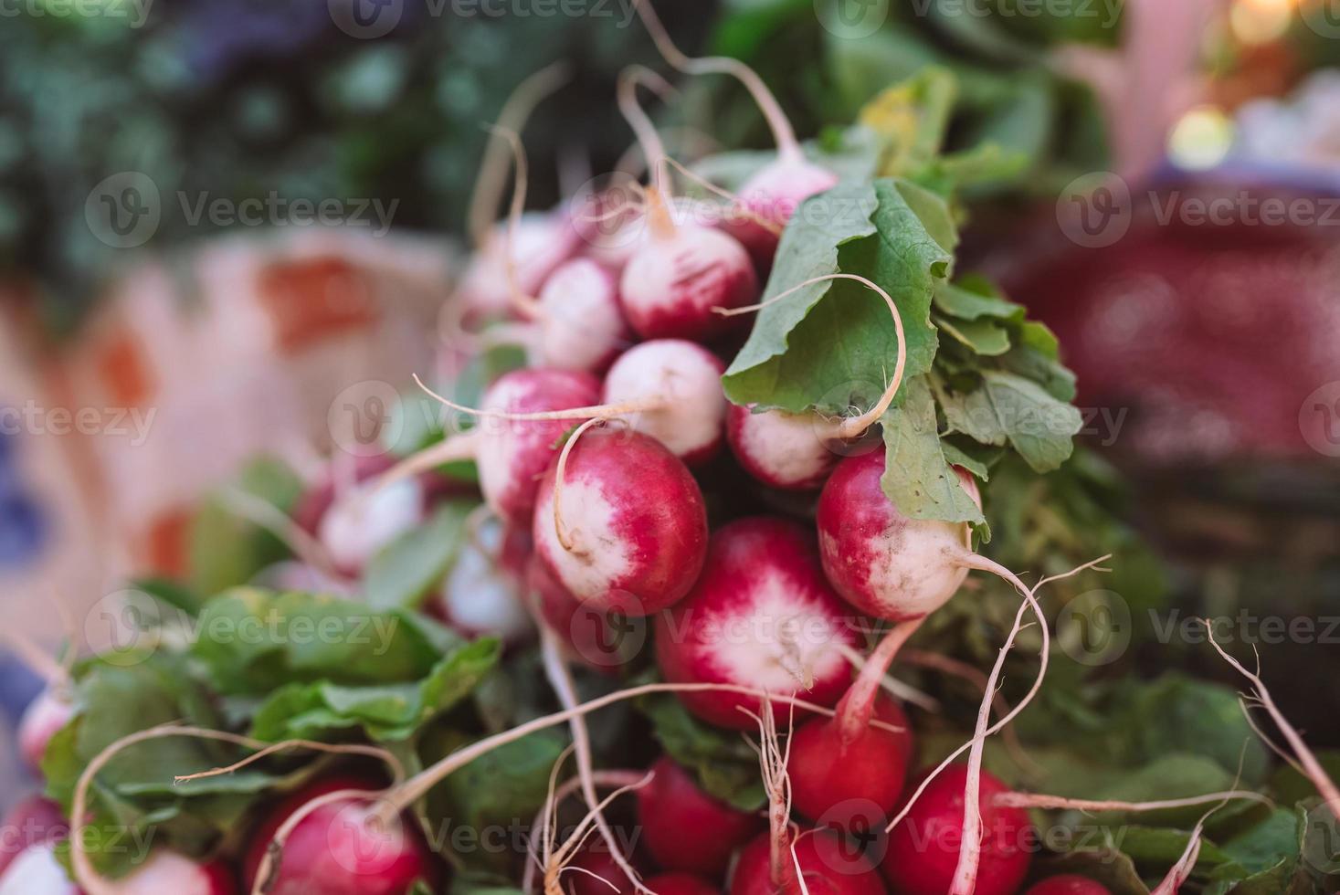 Légumes frais bio radis à vendre sur le marché des agriculteurs français photo