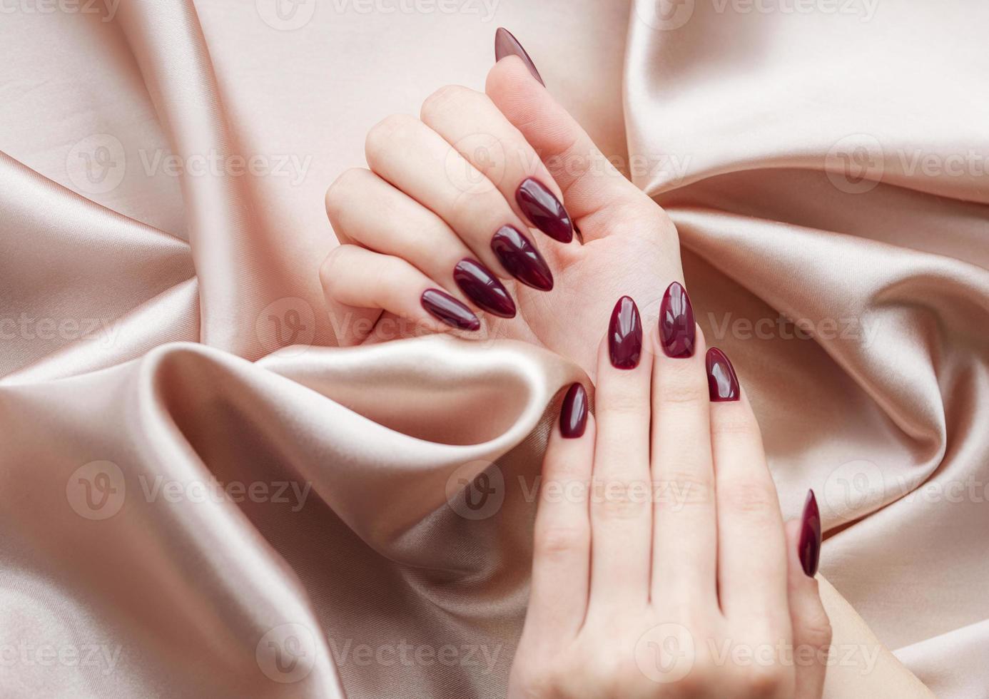 mains d'une jeune femme avec une manucure rouge foncé sur les ongles photo