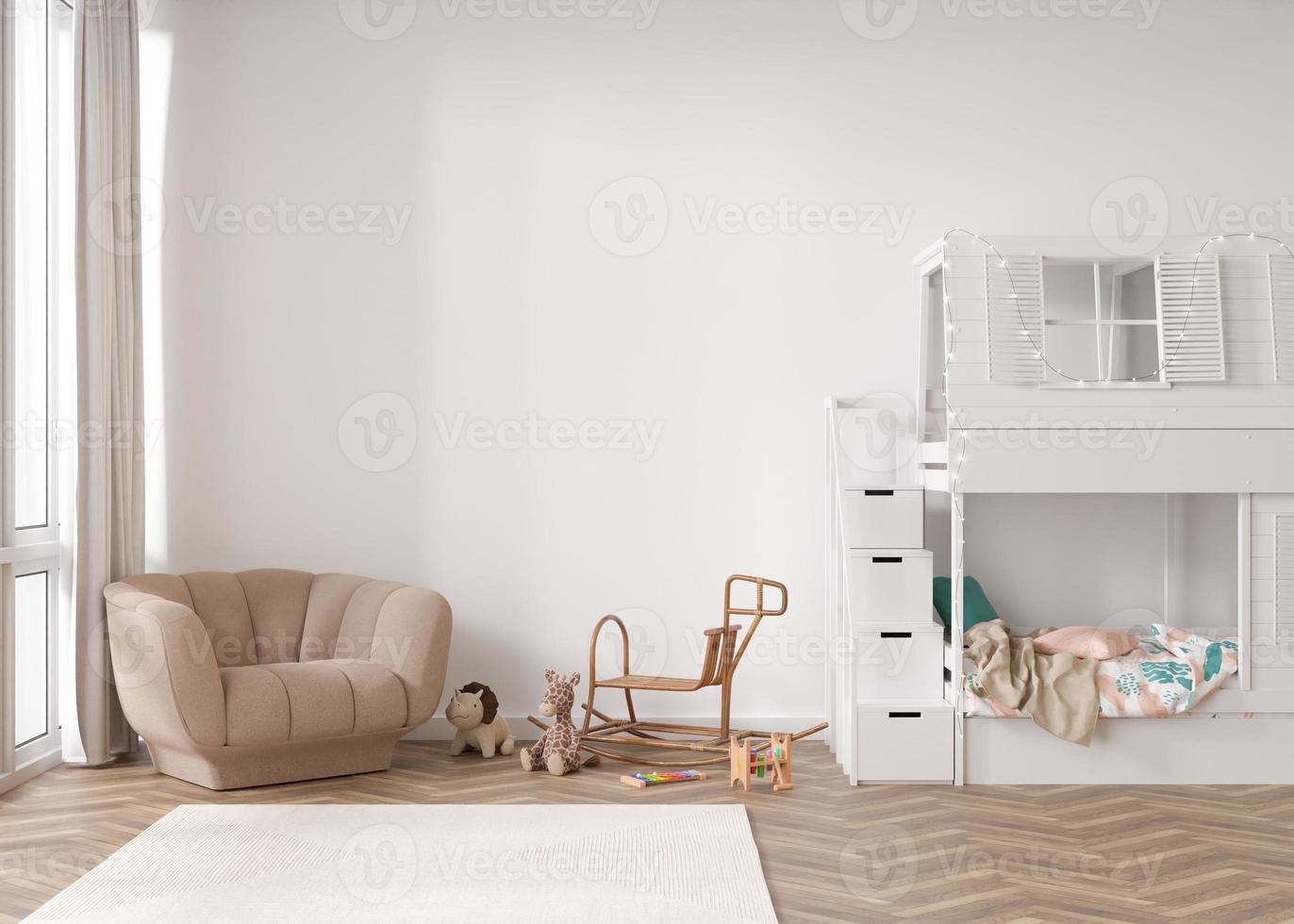 mur blanc vide dans la chambre d'enfant moderne. maquette d'intérieur dans un style scandinave. copiez l'espace pour votre photo ou affiche. lit, fauteuil, jouets, cheval à bascule en rotin. chambre cosy pour les enfants. rendu 3d.