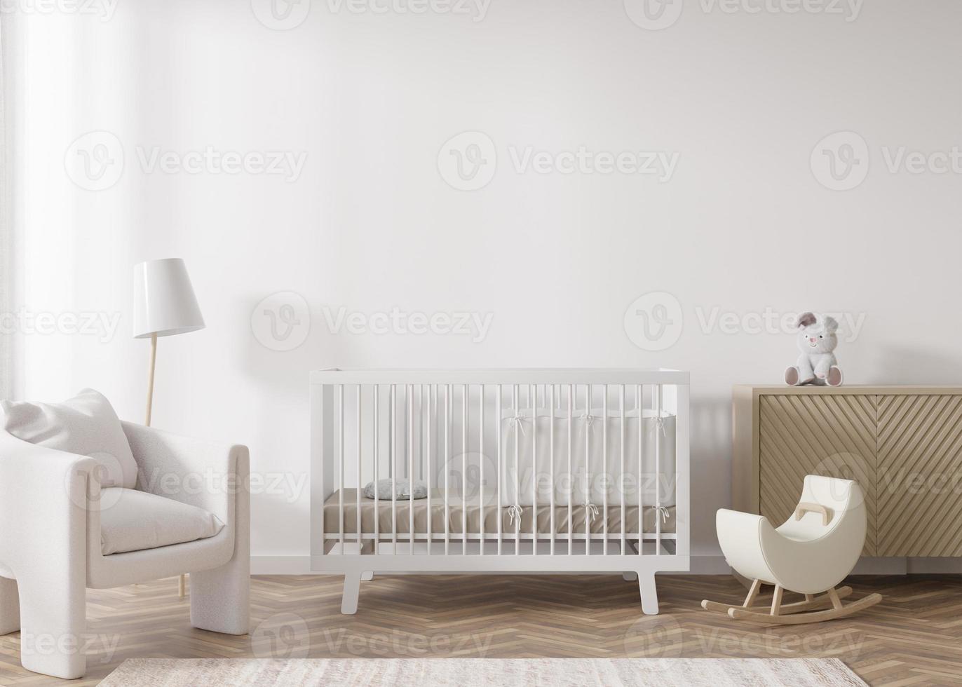 mur blanc vide dans la chambre d'enfant moderne. maquette d'intérieur dans un style scandinave. copiez l'espace pour votre photo ou affiche. lit, fauteuil, jouets. chambre cosy pour les enfants. rendu 3d.