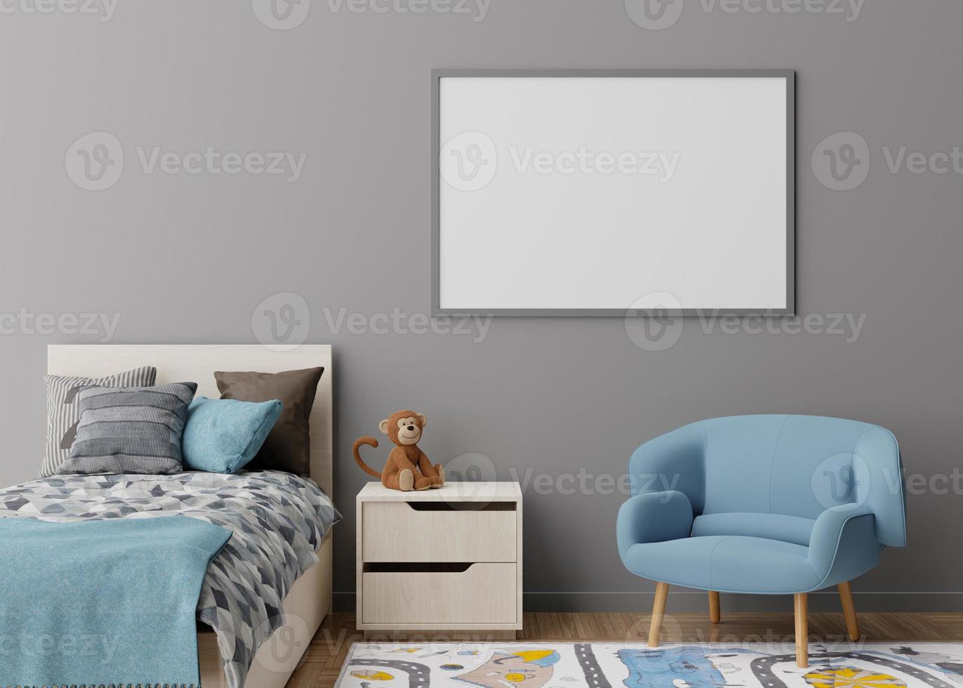 cadre photo horizontal vide sur un mur gris dans une chambre d'enfant moderne. maquette d'intérieur dans un style scandinave. gratuit, copiez l'espace pour votre photo, affiche. lit, jouets. chambre cosy pour les enfants. rendu 3d.