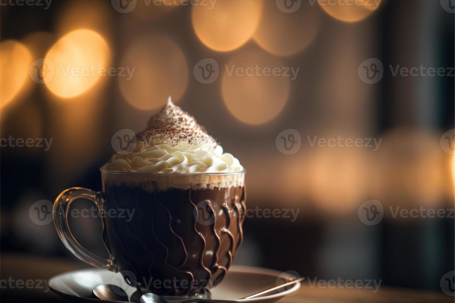 chocolat chaud dans le café au moment de noël avec une belle boisson épicée chaude bokeh doré photo