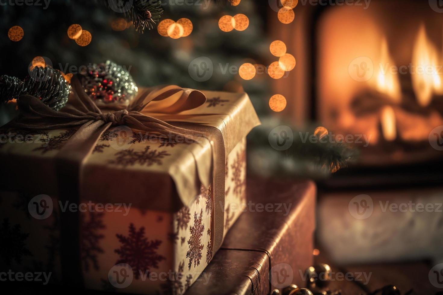 cadeaux de noël près du feu ouvert le soir de noël avec de belles décorations de noël photo