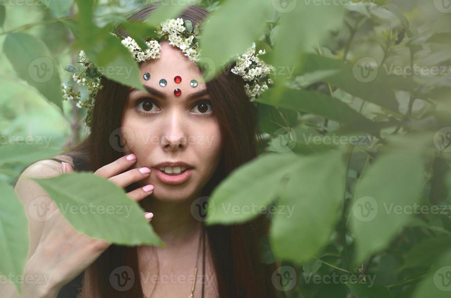 portrait d'une jeune fille émotive avec une couronne de fleurs sur la tête et des ornements brillants sur le front. jolie brune posant dans une belle forêt en plein essor pendant la journée par beau temps photo