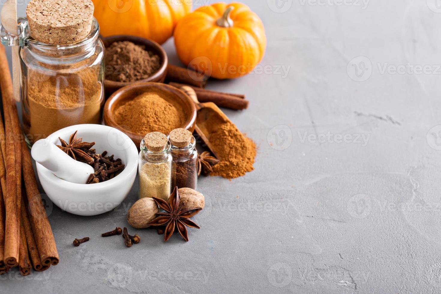 épices pour tarte à la citrouille dans un bocal en verre avec des ingrédients photo