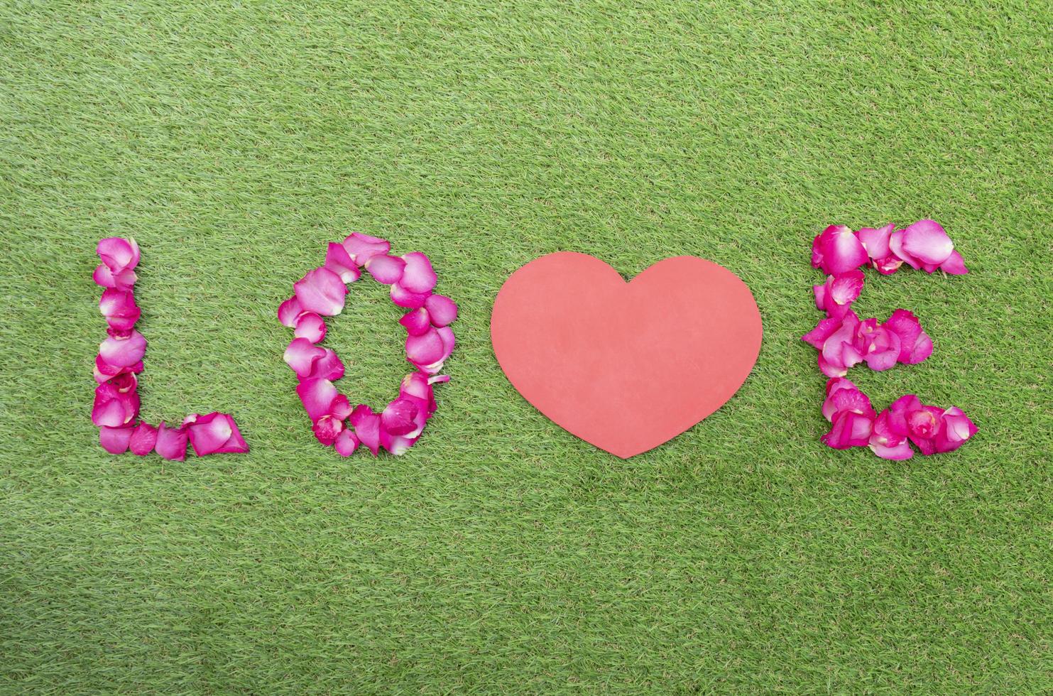 vue de dessus des pétales de rose dans une rangée d'amour avec un coeur rouge simulé. notion de saint valentin photo