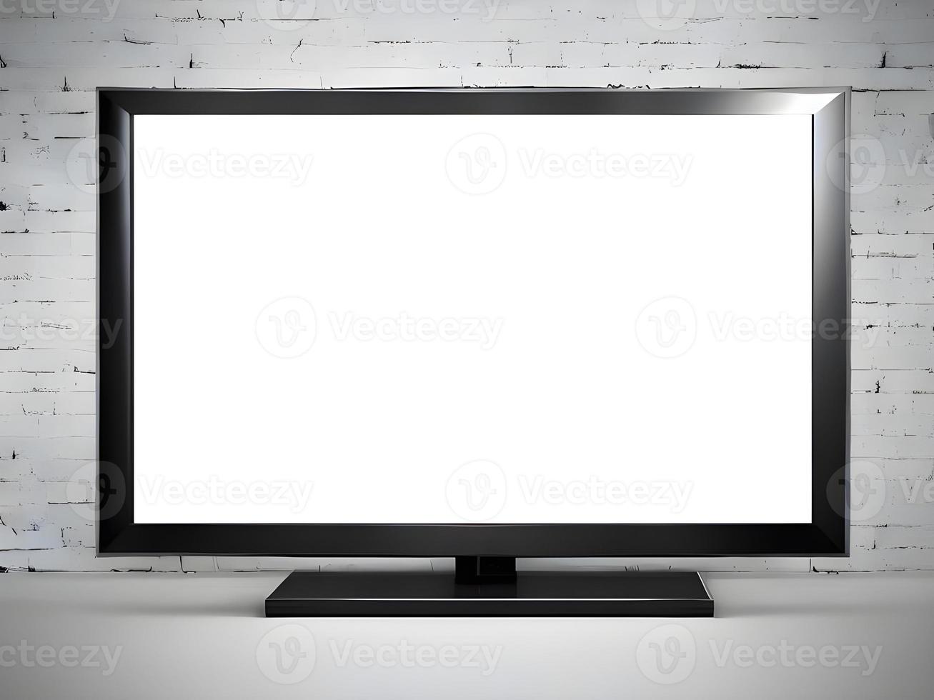 Une télévision à écran plat à écran blanc vierge se trouve sur la table. IA générative. photo