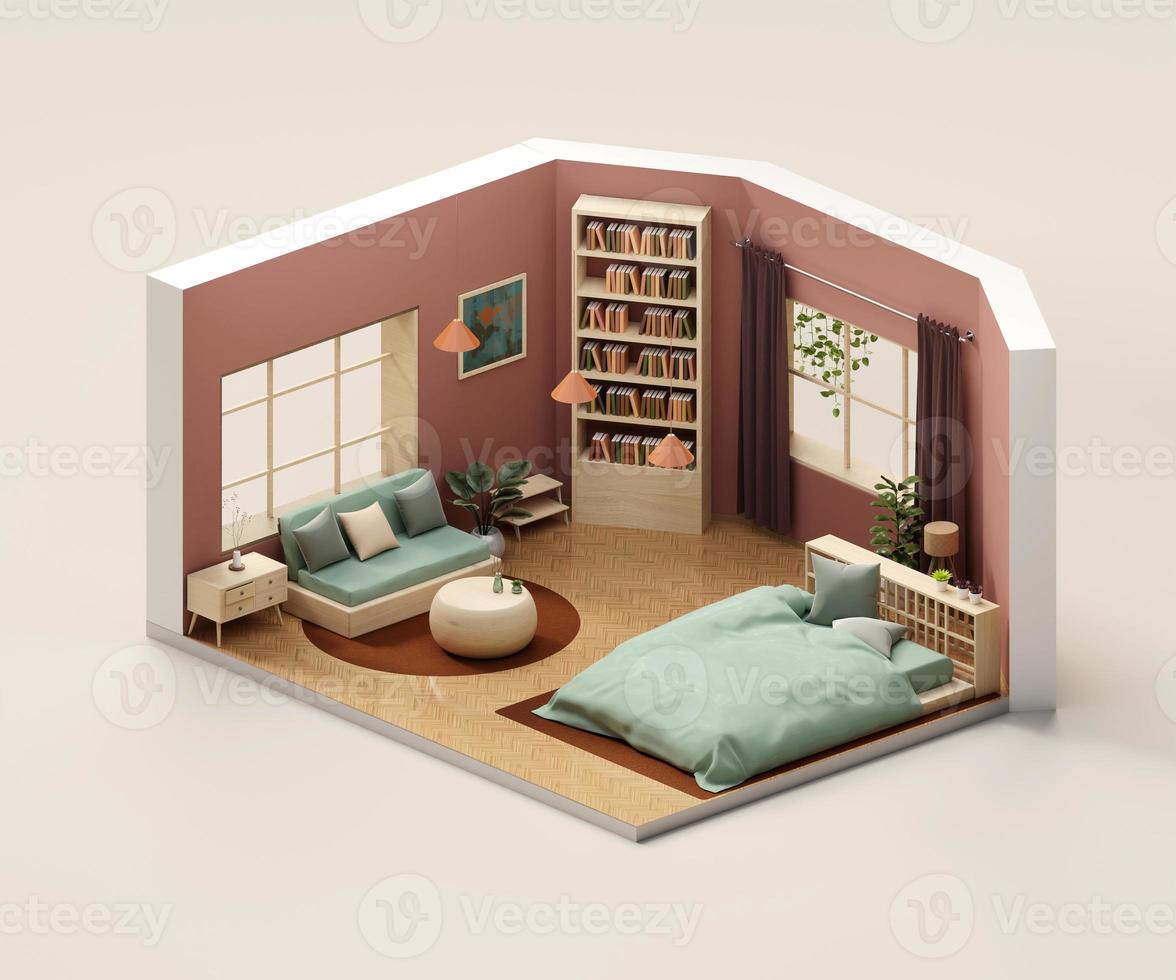 vue isométrique chambre à coucher style muji ouvert à l'intérieur de l'architecture intérieure, rendu 3d art numérique. photo