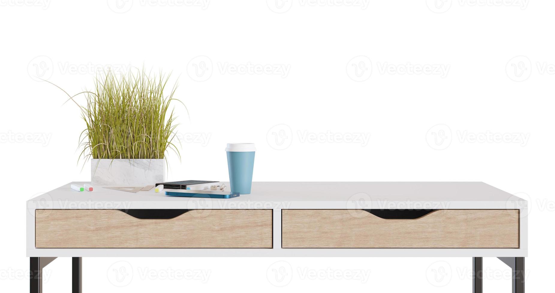 table en bois avec accessoires de maison ou de bureau isolés sur fond blanc. vue de face. découper des meubles. bureau moderne. élément de design d'intérieur. espace de copie pour l'objet, présentation du produit. rendu 3D. photo