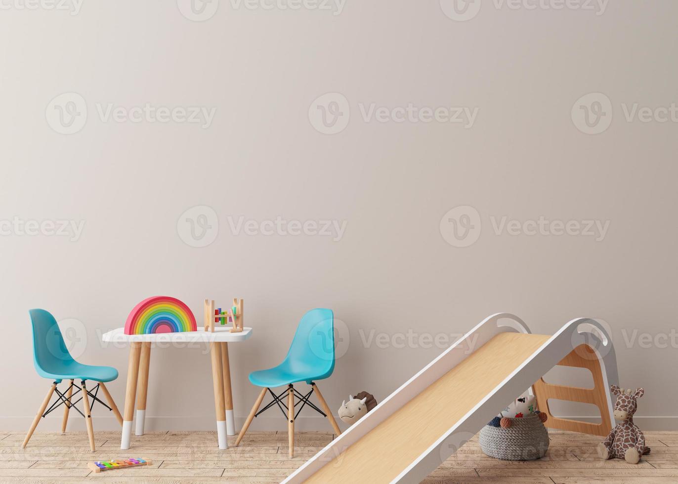 mur crème vide dans la chambre d'enfant moderne. maquette d'intérieur dans un style contemporain. espace libre, espace de copie pour votre photo, affiche. table, chaises, toboggan, jouets. chambre cosy pour les enfants. rendu 3d. photo