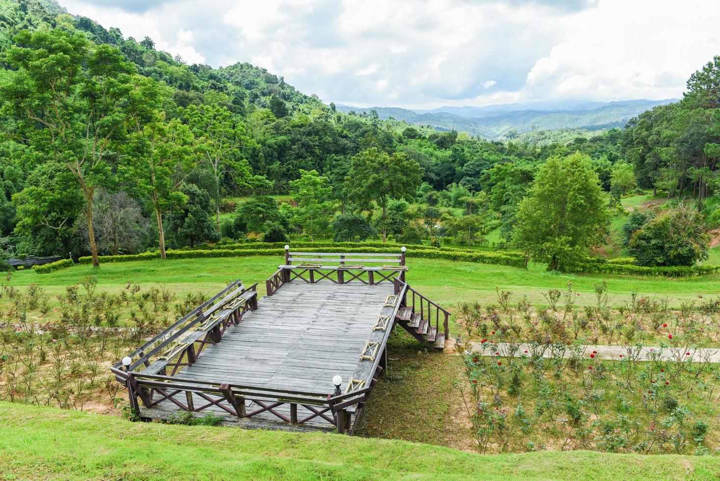 point de vue sur la nature avec balcon en bois dans le parc du jardin - terrasse à l'extérieur et fond de forêt de montagne photo