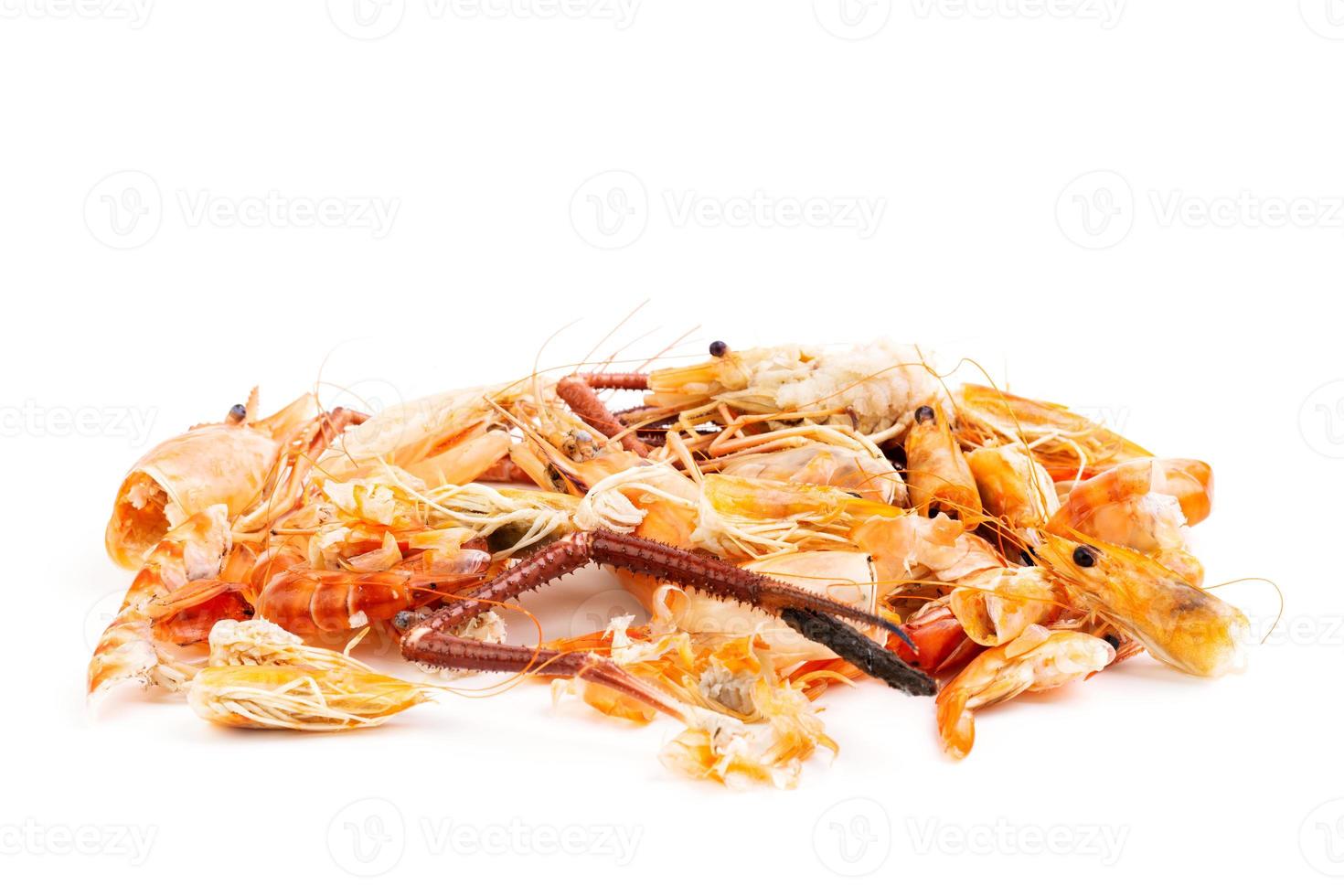 têtes de crevettes et carapaces de crevettes, déchets alimentaires, restes, déchets. fruits de mer naturels. déjeuner. dîner isolé sur fond blanc. photo