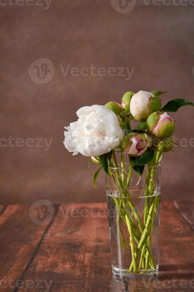 belle nature morte aux pivoines blanches sur fond sombre. un délicat bouquet romantique pour un mariage, des vacances, un anniversaire. une image pour une carte postale. photo