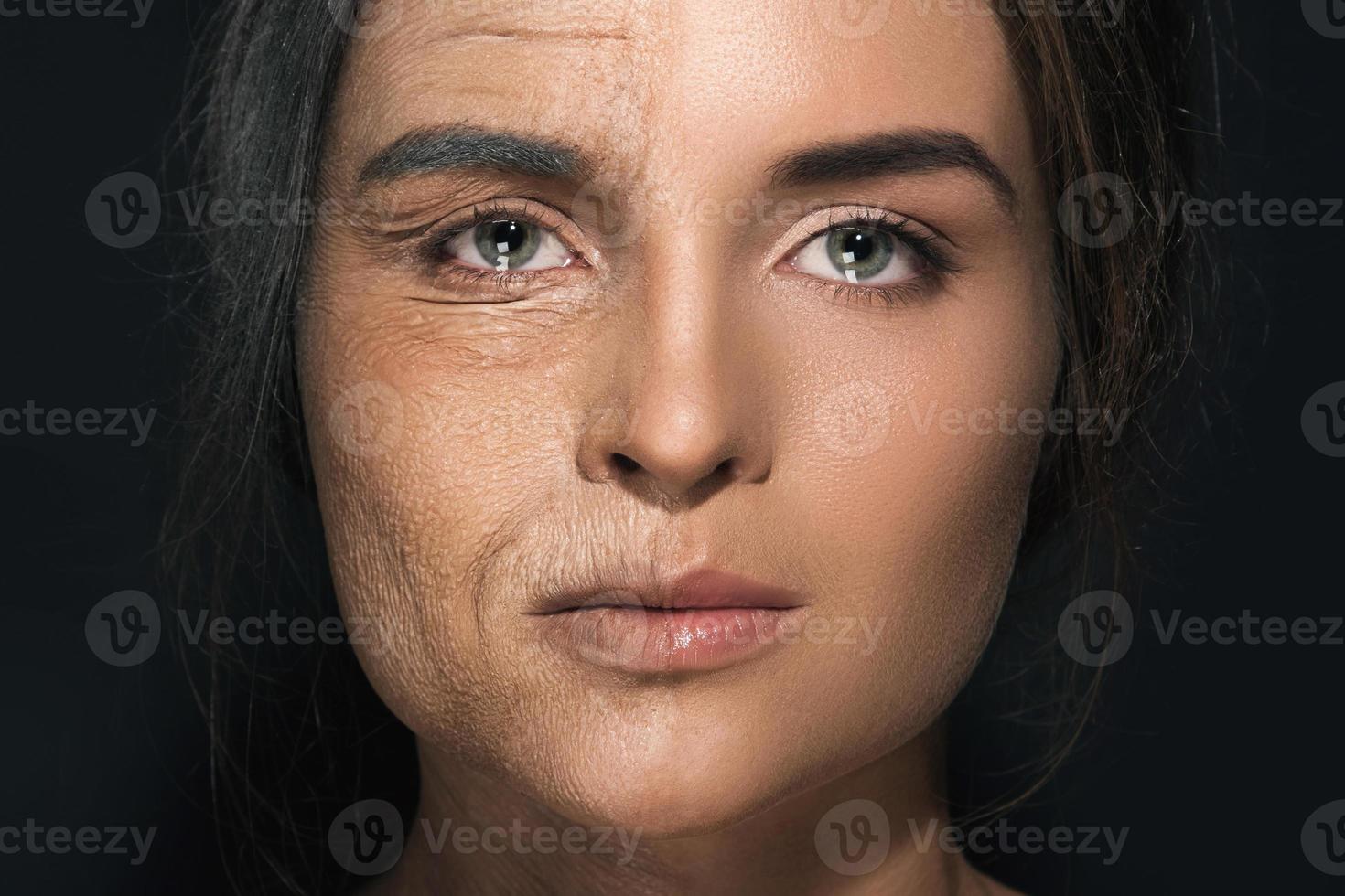 notion de vieillissement. comparaison des visages jeunes et vieux. photo