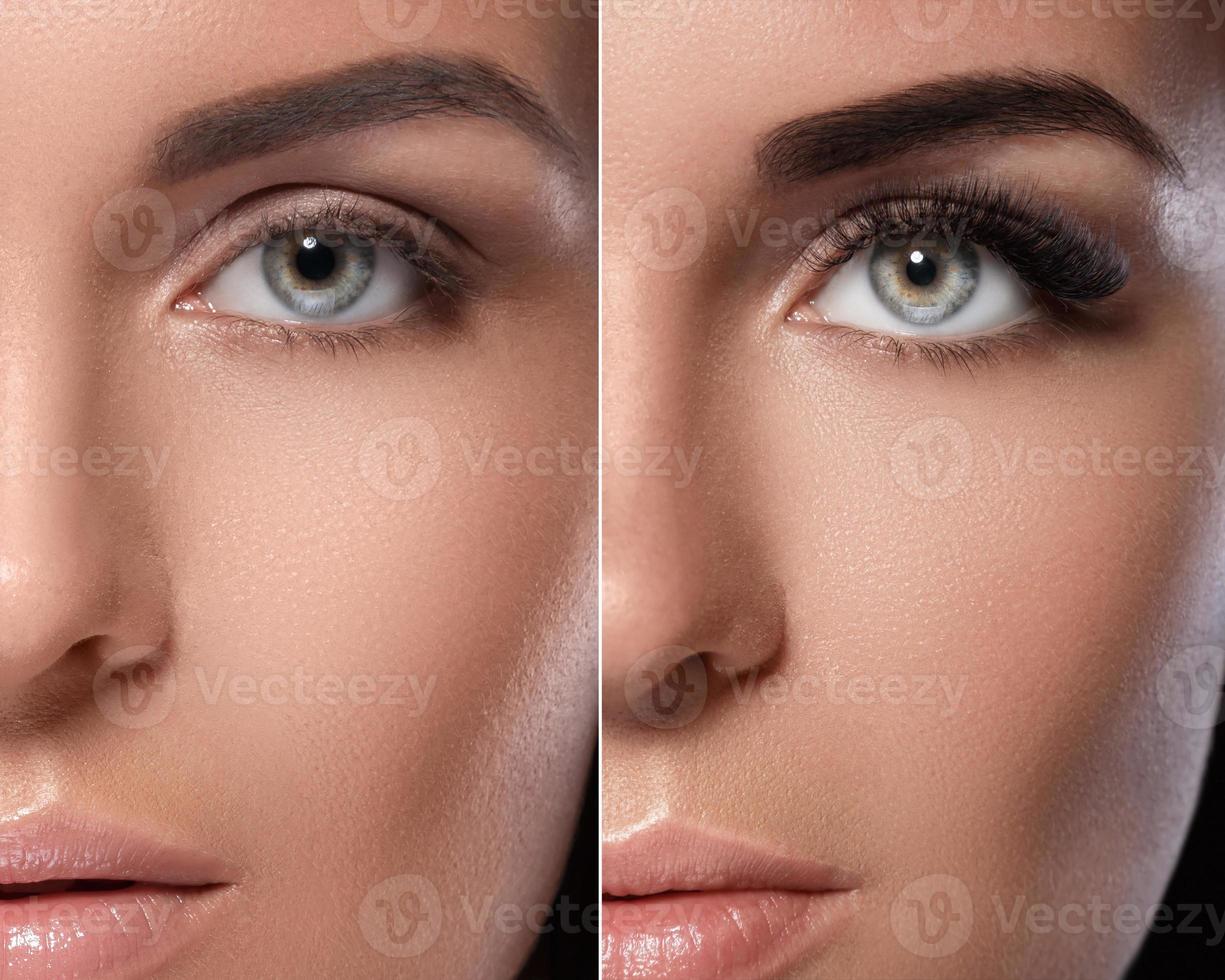 microblading des sourcils et extension de cils. différence entre les yeux après le maquillage. photo