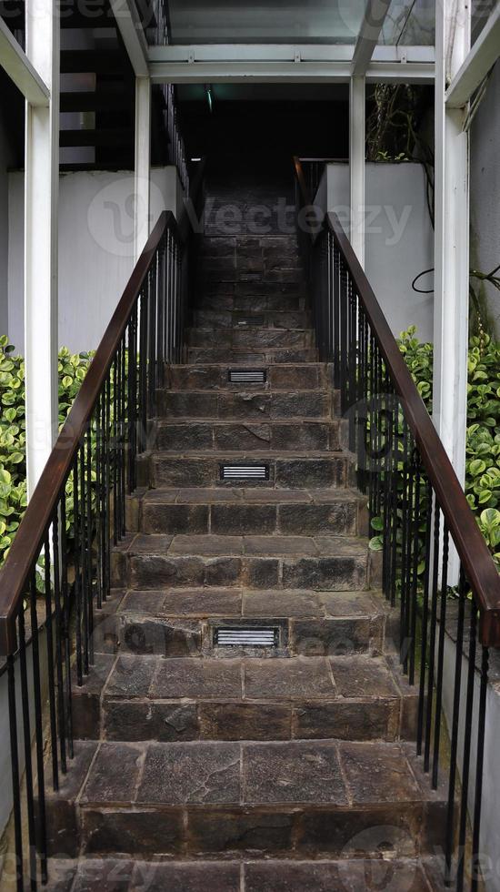 un escalier avec des sols en pierre naturelle recouverts de plantes ornementales à gauche et à droite. photo