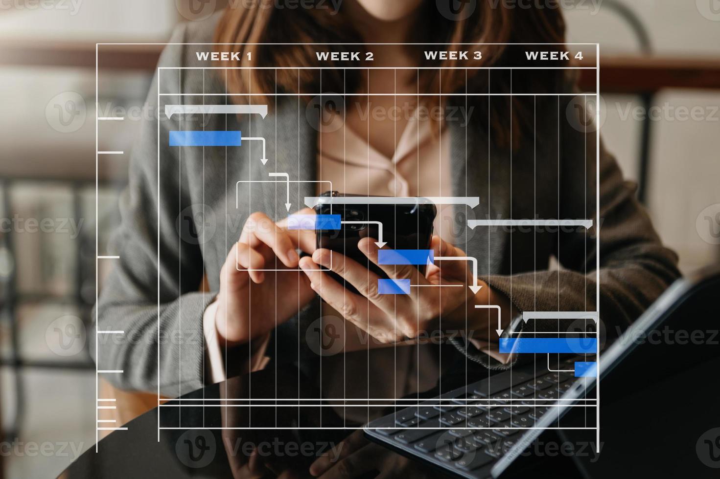 le chef de projet travaille et met à jour les tâches avec la planification de l'avancement des jalons et le diagramme de planification du diagramme de gantt. photo