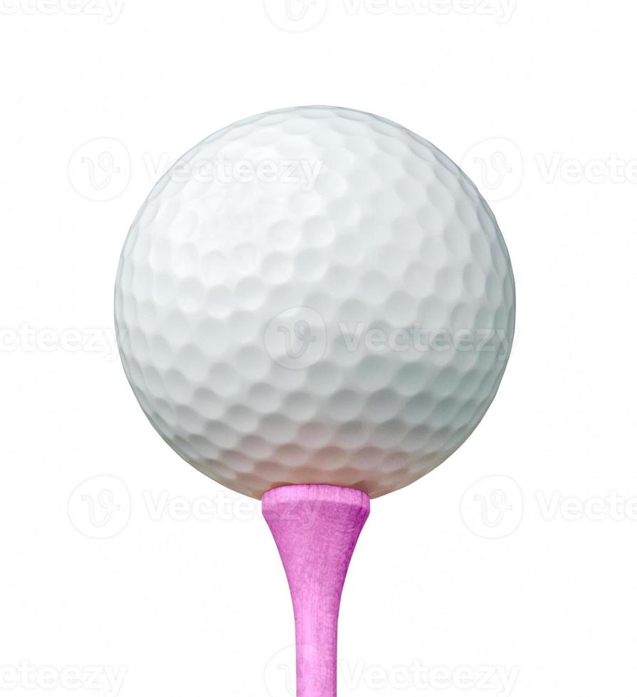 Balle de golf blanche sur tee rose isolé sur fond blanc photo