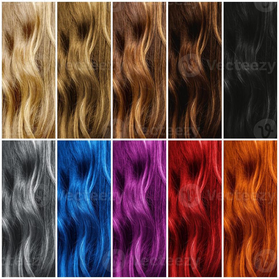 couleurs de teinture pour les cheveux. ensemble d'échantillons de couleurs de cheveux différents. photo
