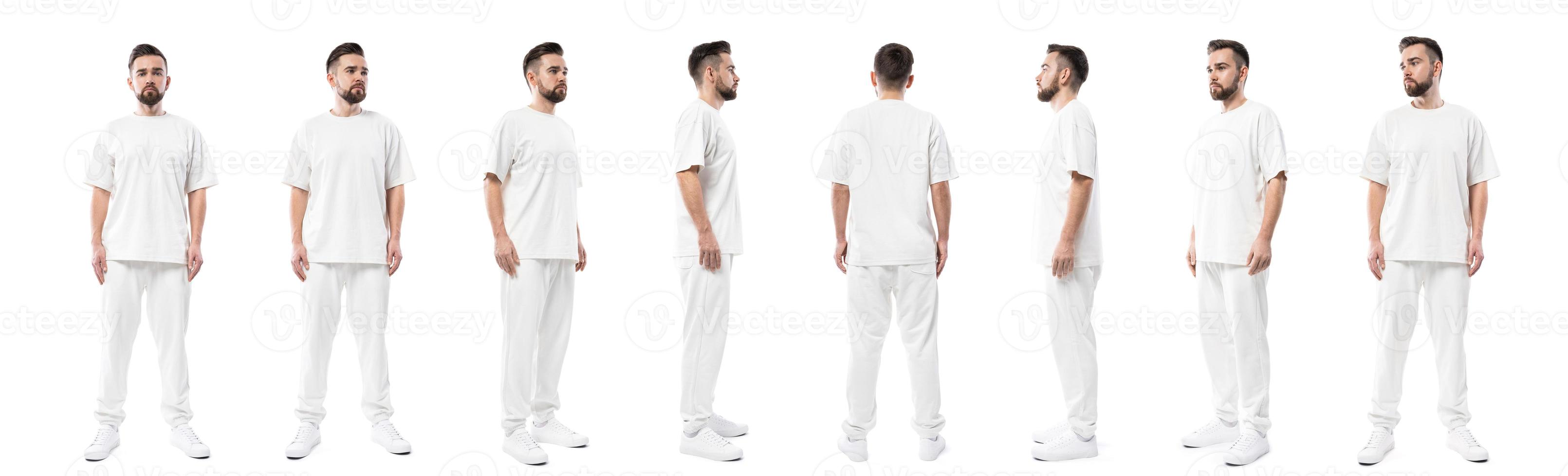 homme portant des vêtements blancs avec un espace vide pour la conception isolé sur fond blanc photo