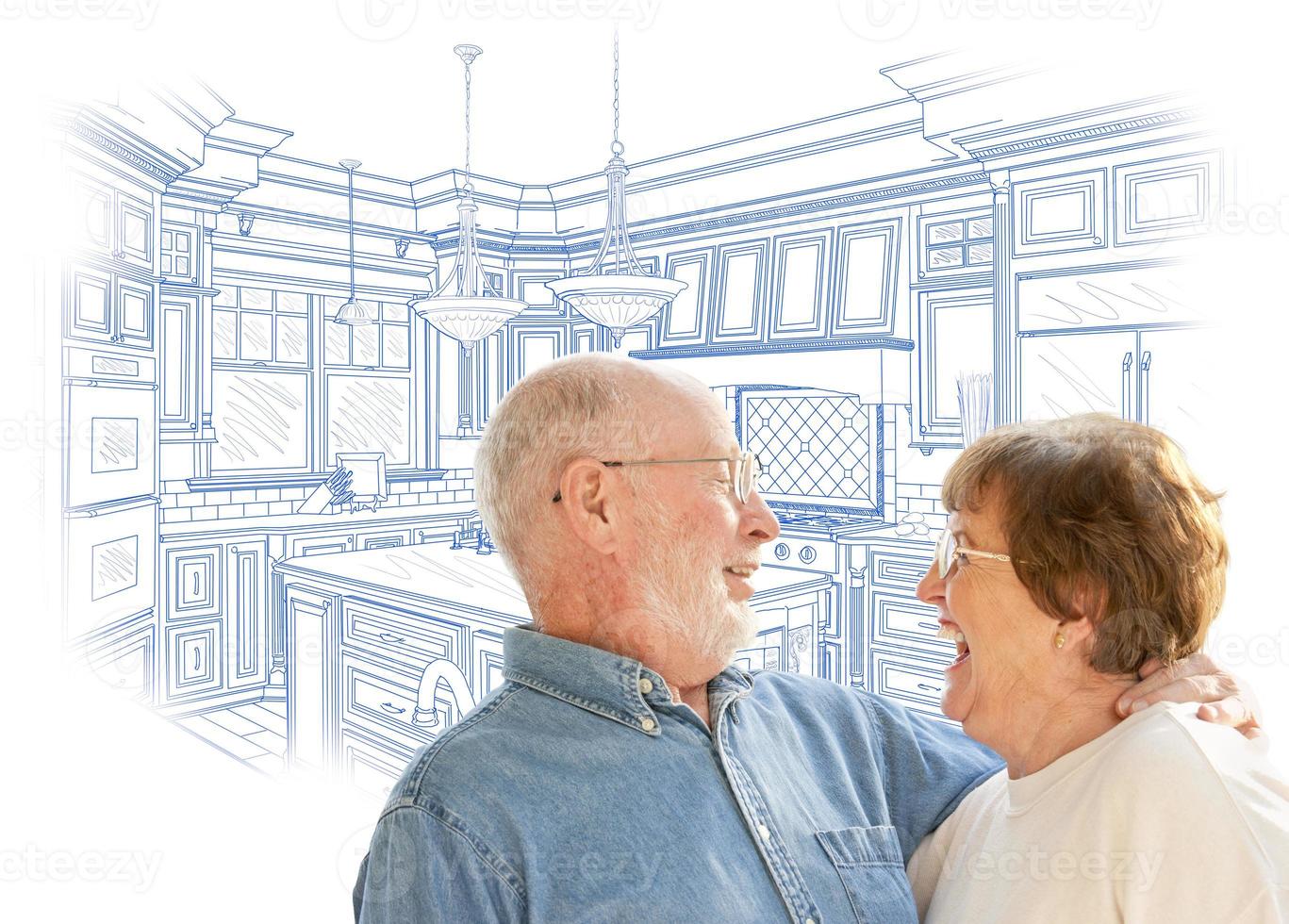 Couple de personnes âgées sur la conception de cuisine personnalisée dessin sur blanc photo