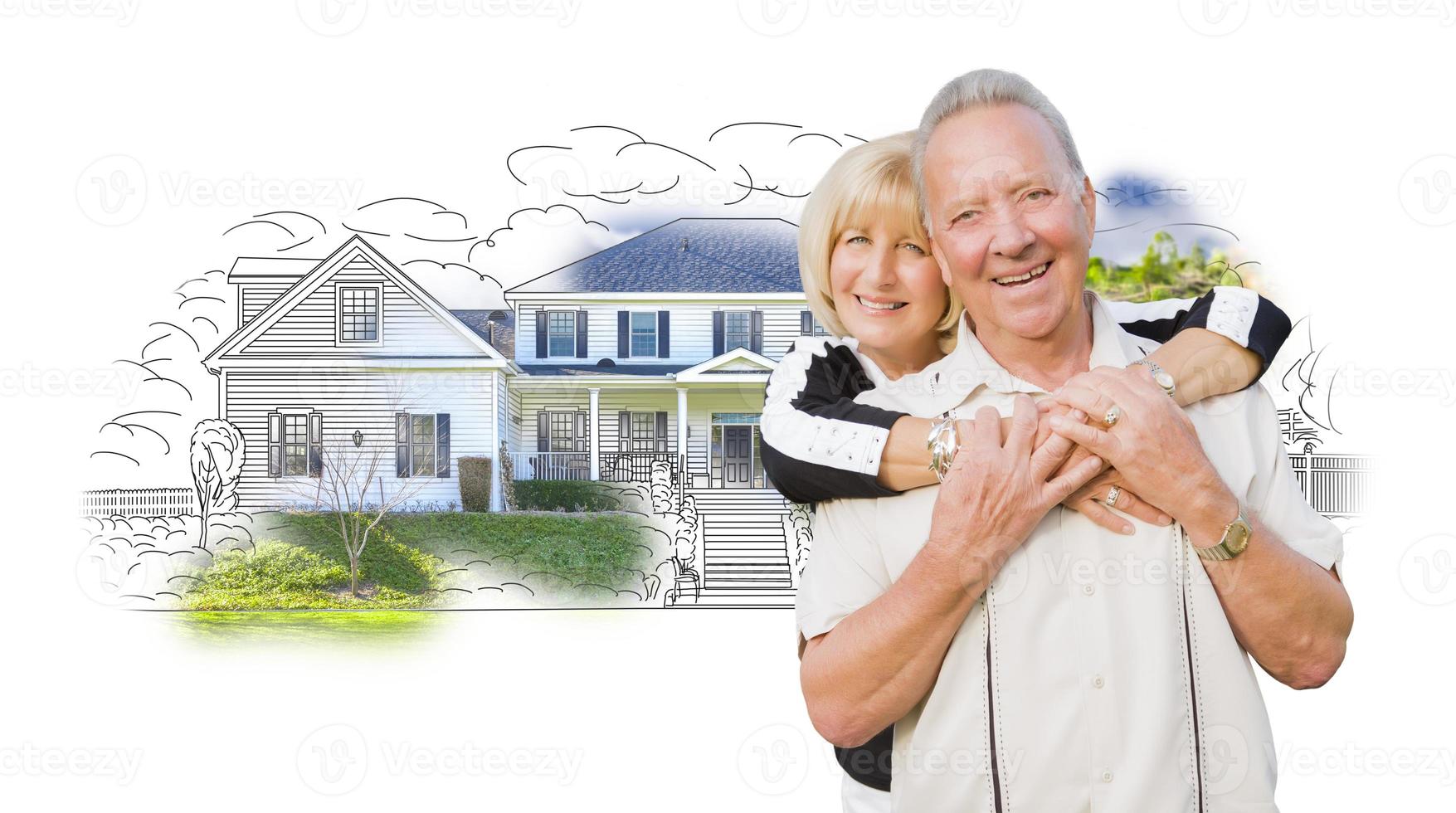 Happy senior couple over house dessin et photo sur blanc