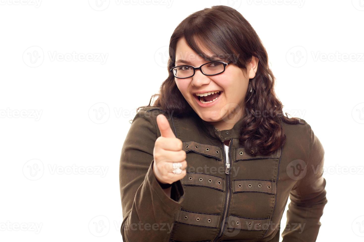 excitée jeune femme de race blanche avec les pouces vers le haut sur blanc photo