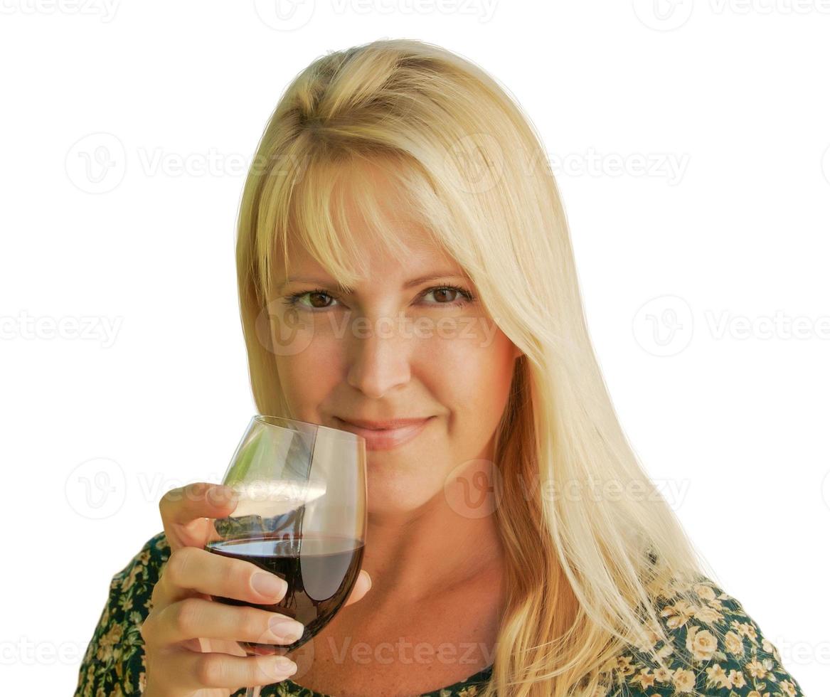 jolie femme tenant un verre de vin isolé sur fond blanc. photo