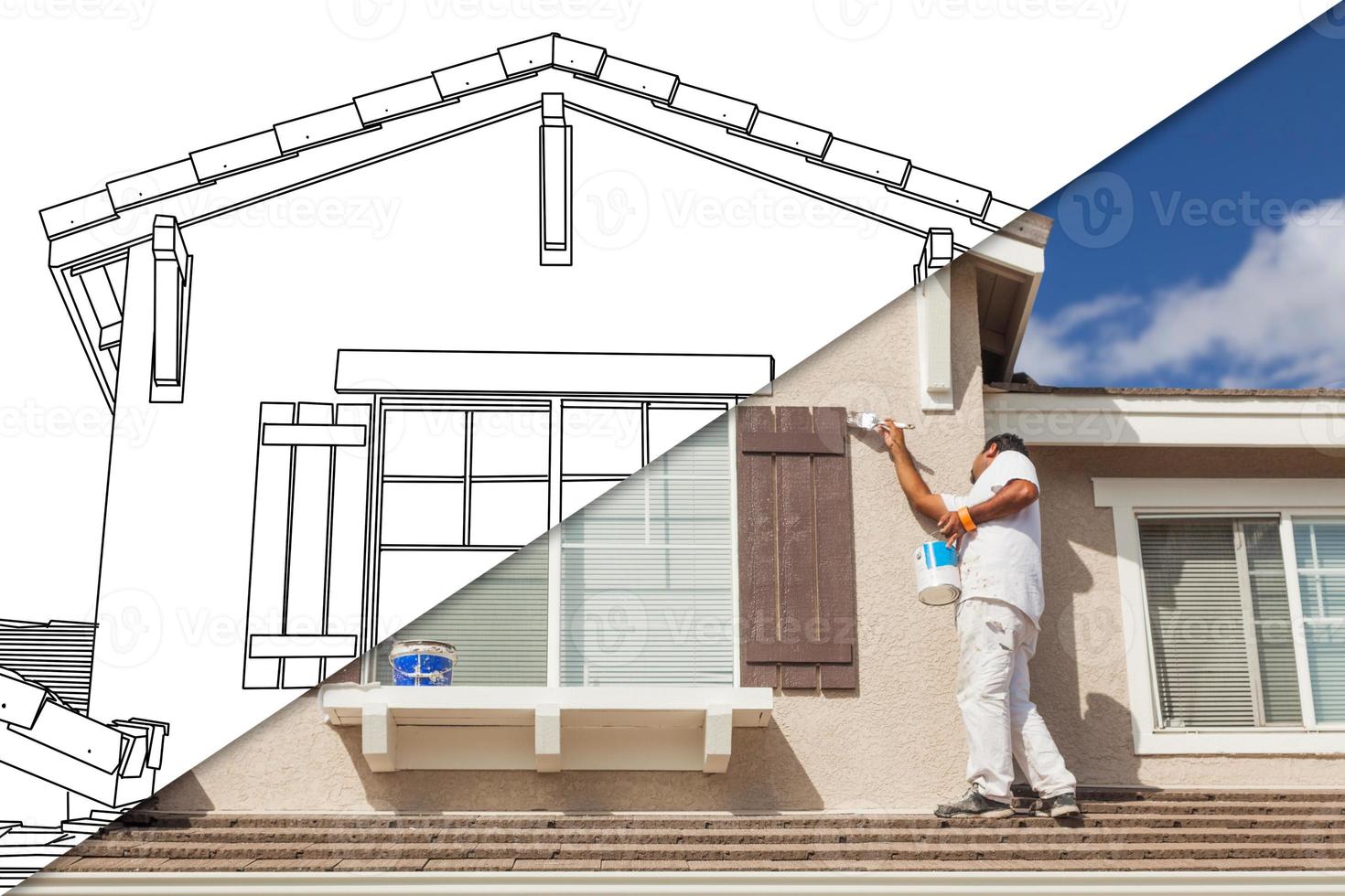 écran divisé en diagonale du dessin et photo du peintre en bâtiment peignant la maison