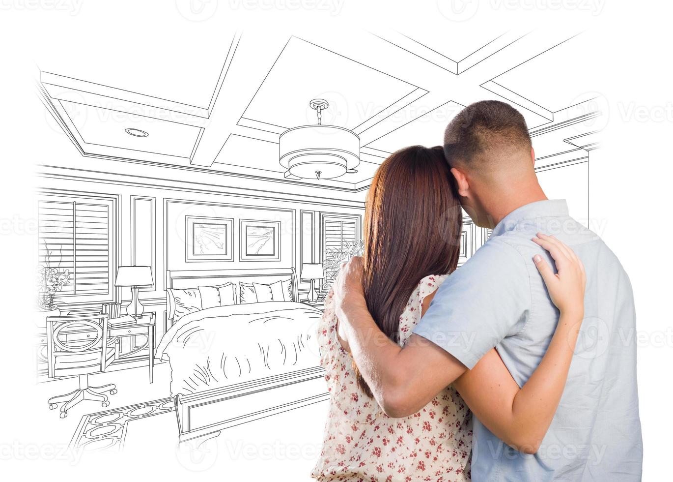 jeune couple militaire regardant par-dessus le dessin de conception de chambre à coucher personnalisé photo