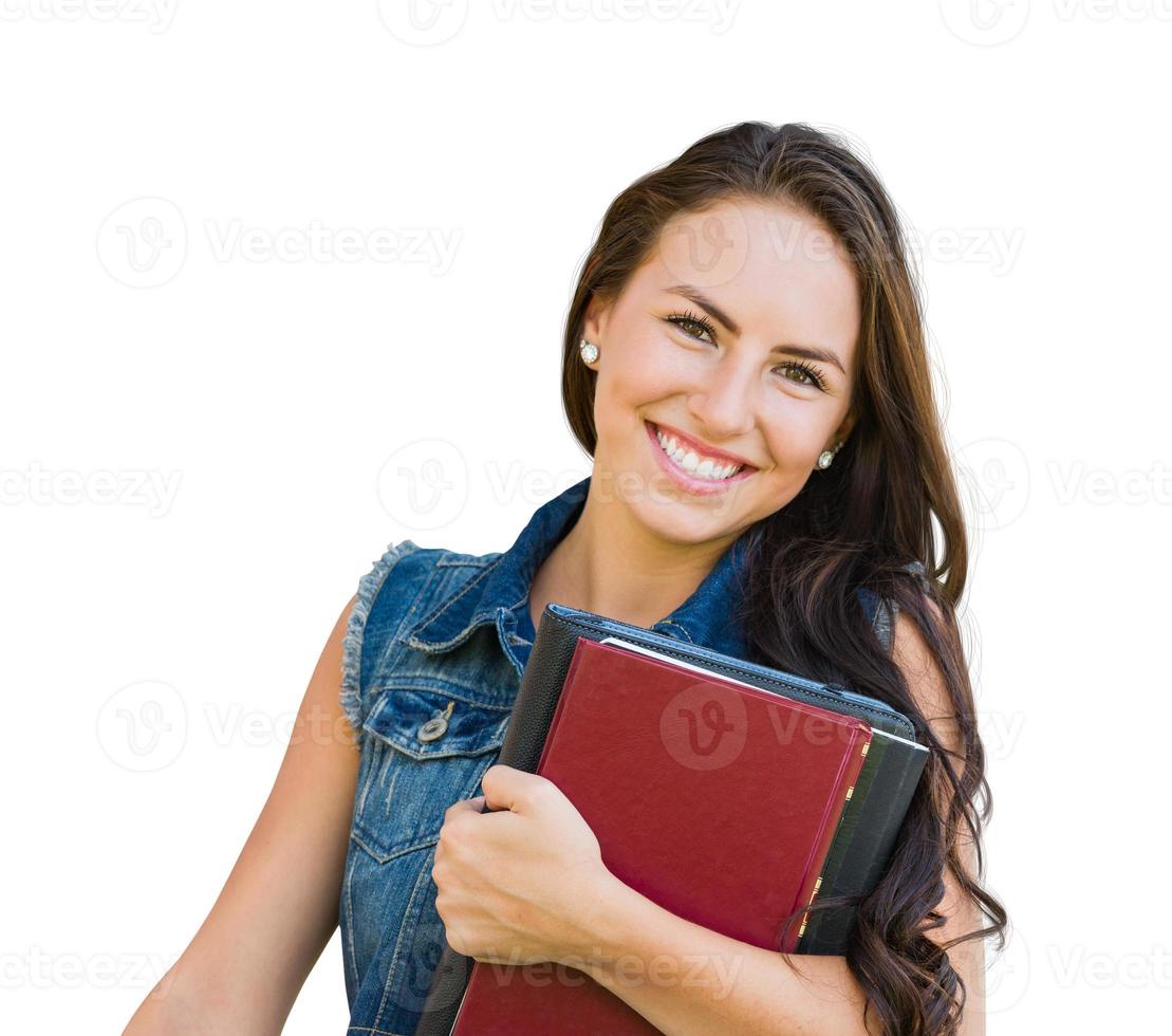 Mixed race young girl student with school books isolé sur fond blanc photo