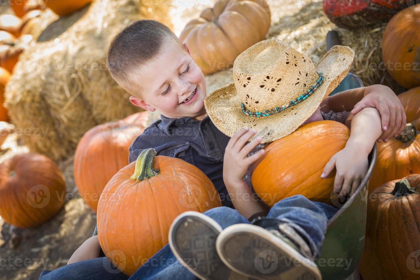 Deux petits garçons jouant dans la brouette au champ de citrouilles photo