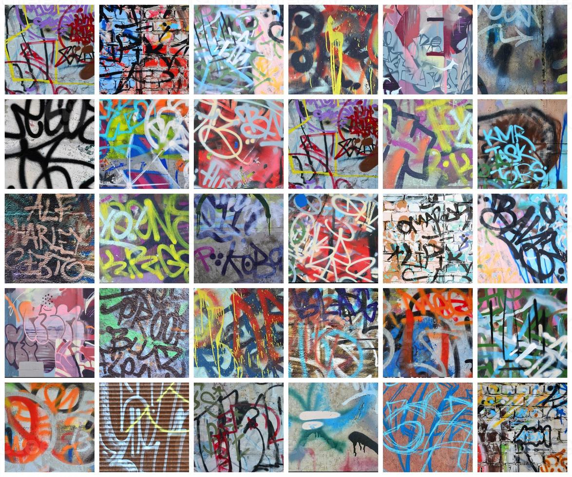 un ensemble de nombreux petits fragments de murs tagués. graffiti vandalisme résumé arrière plan collage photo