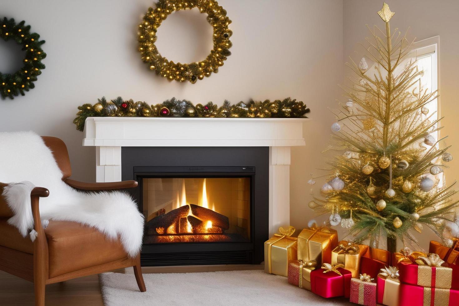 notion de noël. arbre de noël décoré près de la cheminée à la maison. photo