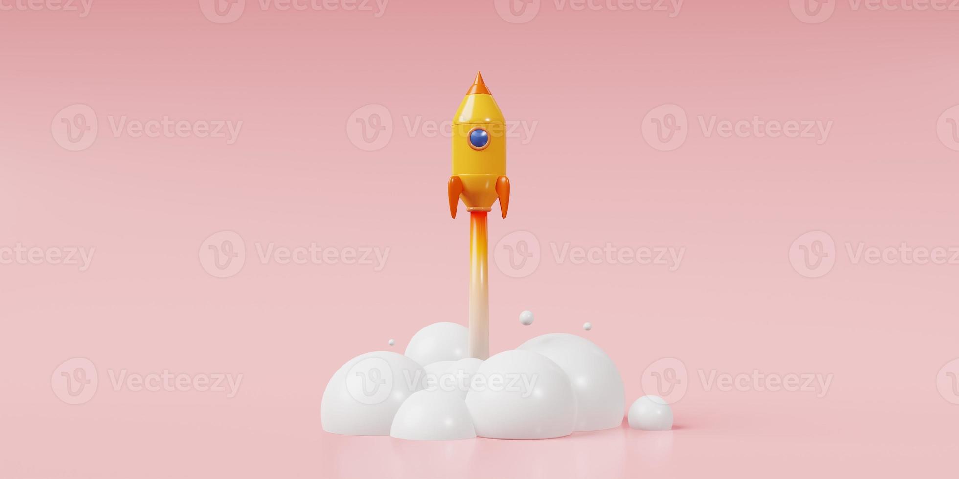 Lancement de fusée de vaisseau spatial d'illustration de rendu 3d sur fond rose, concept d'entreprise de démarrage 3d photo