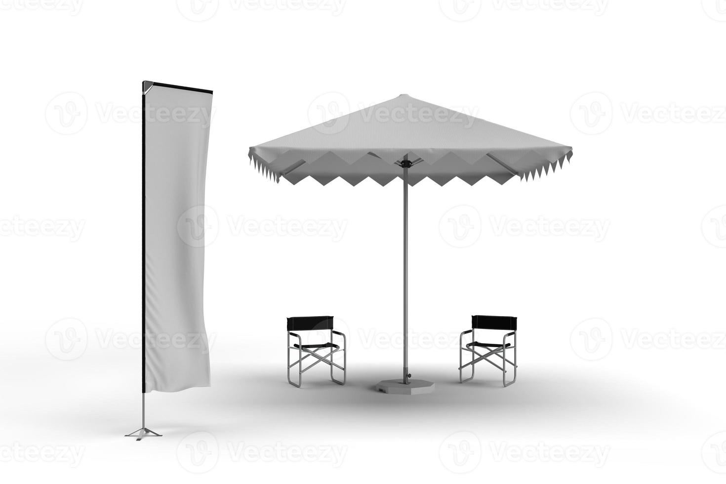 parasol parapluie d'exposition avec deux chaises de réalisateur et un teles photo