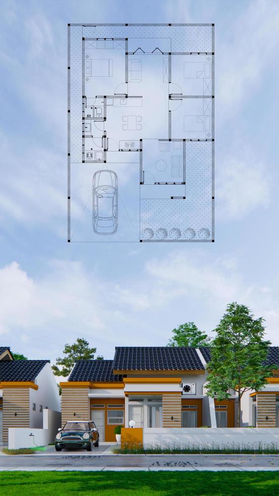 Illustration photo graphique 3d d'une vue de face de maison tropicale minimaliste avec un plan d'étage, parfaite pour les amateurs de maisons tropicales minimalistes et les connaisseurs de photo architecturale.