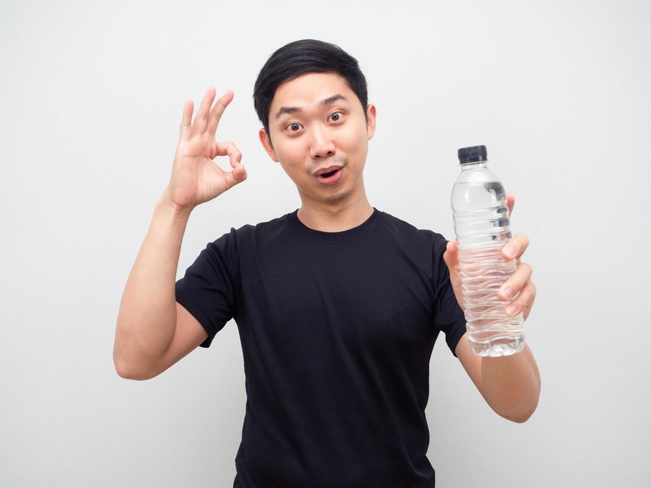 homme montre une bouteille d'eau à la main et fait la main ok fond blanc photo