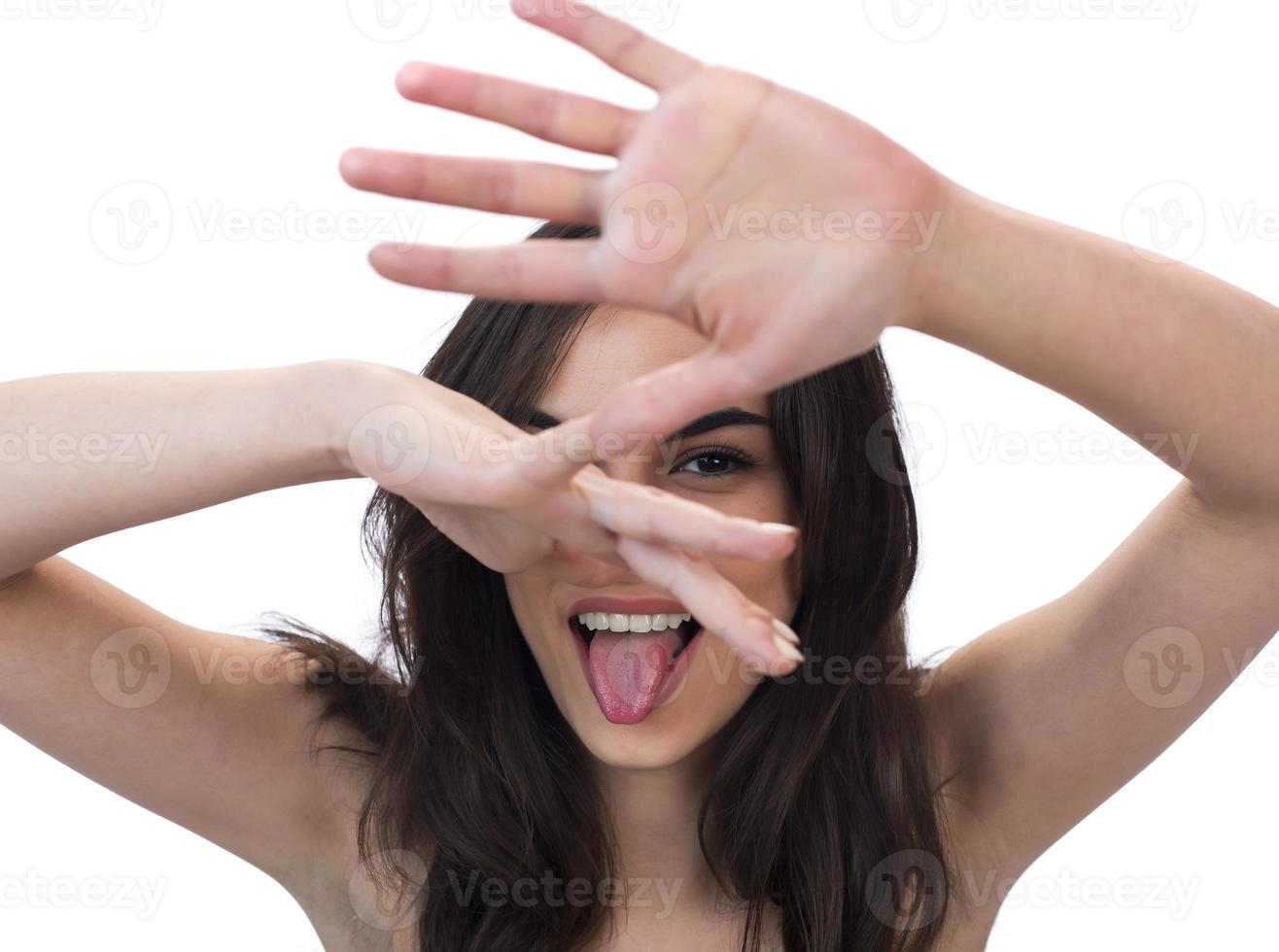 femme avec une expression bizarre isolée sur blanc photo