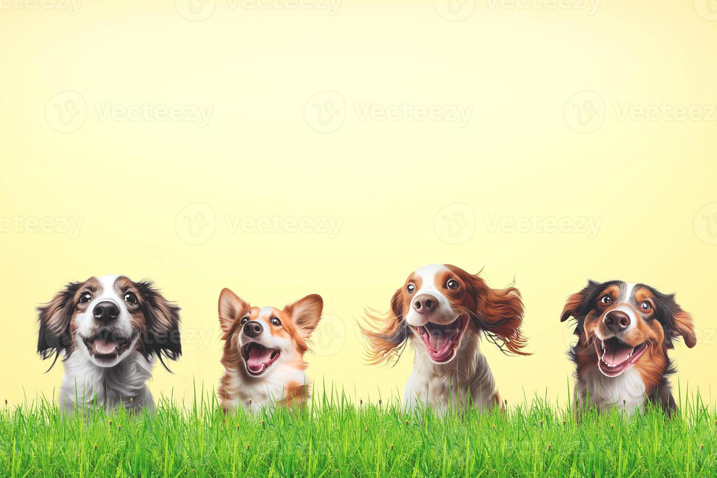 beaucoup de chiens heureux dans l'herbe avec fond photo
